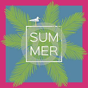 Palm tree. Summer vector background with seagull.