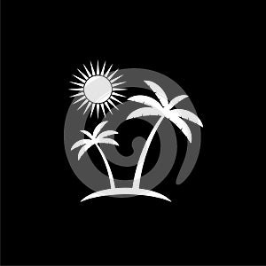 Palm tree and sun icon isolated on dark background