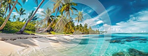 Palm tree on tropical beach with blue sky and white clouds abstract background. Copy space of summer vacation and business travel