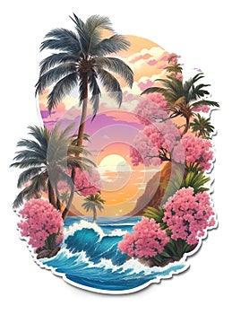 Palm tree on a tropical island with beach and sea waves, flat sticker illustration isolated on white