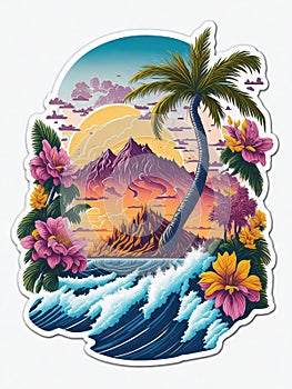 Palm tree on a tropical island with beach and sea waves, flat sticker illustration isolated on white, generative Ai