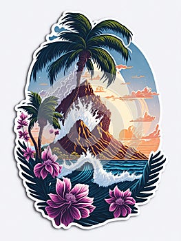 Palm tree on a tropical island with beach and sea waves, flat sticker illustration isolated on white, generative Ai