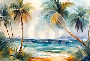 Palm tree on a tropical island with beach and sea waves, oil painting illustration