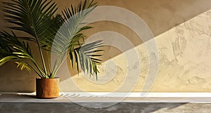 Palm tree in vase in a sunlight, cement wall and floor, natural shadows design, for luxury interior design decoration