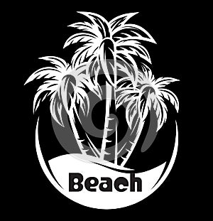 Palm tree and waves of a night beach. vector illustration