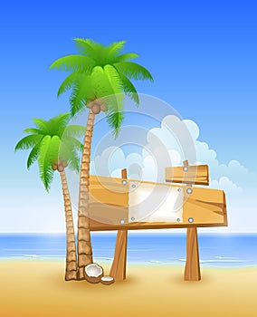 Palm tree and wooden sign on a beach