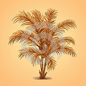 Palm tree with yellow leaves, standing on left side of an orange wall. It is positioned in front of window and appears