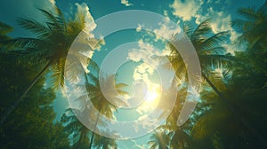 Palm trees against blue sky, Palm trees at tropical coast, vintage toned and stylized, coconut tree,summer tree