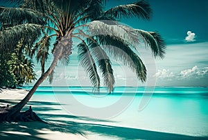 Palm trees against blue sky, tropical coast with mountains on a background, ocean, sea with turquoise water. Summertime