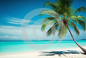 Palm trees against blue sky, tropical coast with mountains on a background, ocean, sea with turquoise water. Summertime