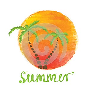 Palm trees against the watercolor sun. Vector logo