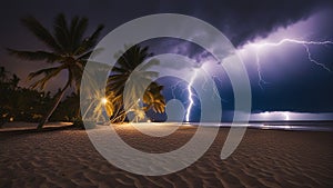 palm trees on the beach A dramatic scene of a thunderstorm and lightning over the beach, creating a contrast of light