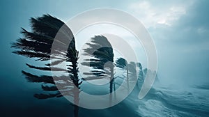 Palm trees bending in strong hurricane winds by ocean