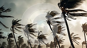 Palm trees blowing in the wind and rain as a hurricane approaches a tropical island coastline