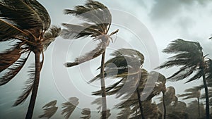 Palm trees blowing in the wind and rain as a hurricane approaches a tropical island coastline