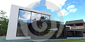 Palm trees and a blue cloudy sky are reflected in the mirrored windows of a modern tech building in an old neighborhood in a