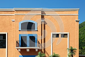 Palm trees and building with closed windows outdoors