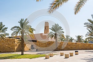 Palm trees and buildings of Diraiyah, also as Dereyeh and Dariyya, a town in Riyadh, Saudi Arabia, was the original home of the photo