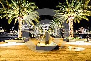 Palm trees and the buildings in the night lights in Marina Porto