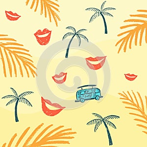 Palm trees and bus on the sand