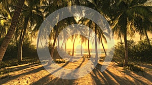 Palm Trees Cast Long Shadows on a Sandy Beach at Sunset