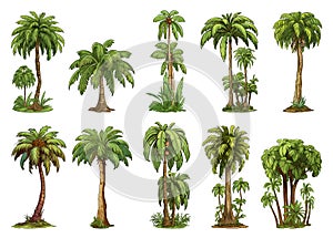 Palm trees. Coconut tree set in realistic cartoon style, tropical beach flourish coco plants isolated vector elements