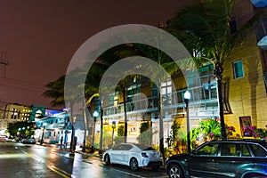 Palm trees and colorful buildings in Miami Beach at night