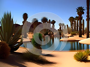 palm trees on desert view at sunset, oasis view, AI Generated