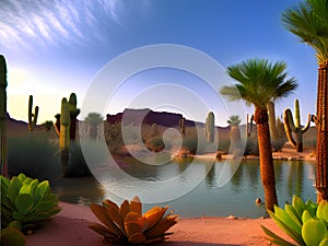 palm trees on desert view at sunset, oasis view, AI Generated