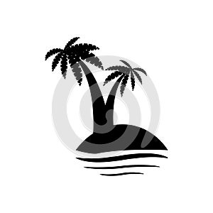 Palm trees, flowers and grass, black silhouettes on white background.