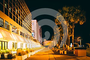 Palm trees and hotels at night, in Daytona Beach, Florida.