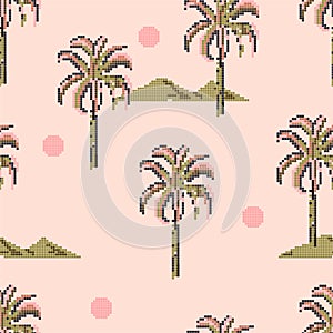 Palm trees and island mountain pixle  in vector illustration. Design for fashion , fabric, web ,wallpaper, wrapping  and all