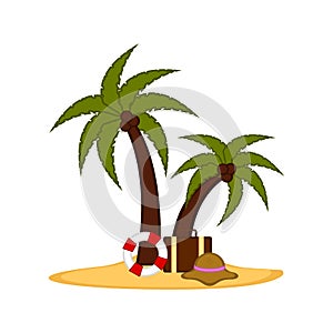 Palm trees with a lifesaver and a travel suitcase