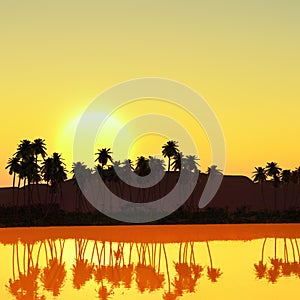 Palm trees near oasis in Africa 3d rendering