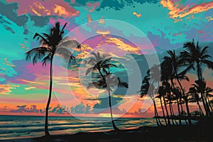 Palm Trees Painting on Beach at Sunset