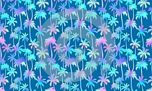 Palm trees pattern horizontal background. Vector neon tropical jungle texture on blue background. Abstract holographic