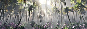 Jungle, rainforest during the plank, palm trees in the morning in the fog, jungle in the haze, 3D rendering