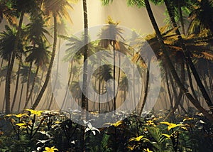 Jungle, rainforest during the plank, palm trees in the morning in the fog, jungle in the haze, 3D rendering