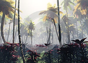 Jungle, rainforest during the plank, palm trees in the morning in the fog, jungle in the haze, 3D rendering