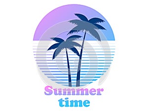 Palm trees and retro sun in 80s style isolated on white background. Summer time. Tropical banner with palm trees for print