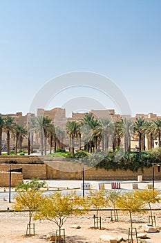 Palm trees and Ruins of Diraiyah, also as Dereyeh and Dariyya, a town in Riyadh, Saudi Arabia, was the original home of the Saudi photo