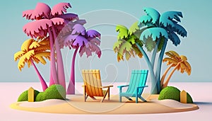 Palm trees on the sand beach chair 3D concept cute. 3D summer design