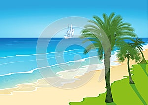 Palm Trees on a Sandy Beach with Sailing Ship