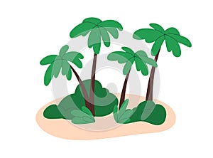 Palm trees on sandy island. Tropical leaf plants on sand. Exotic south uninhabited land, summer resort, southern
