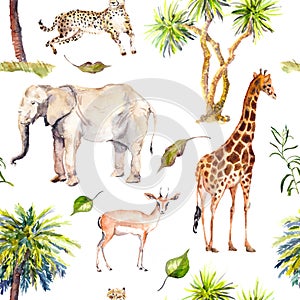 Palm trees and savannah animals - giraffe, elephant, cheetah, antelope. Zoo seamless pattern. Watercolor