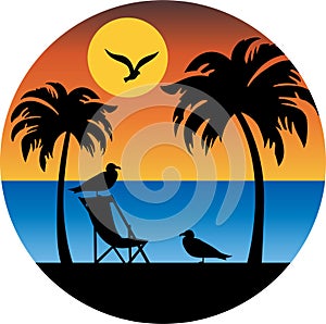 Palm trees and seagulls silhouette with sunset vector illustration