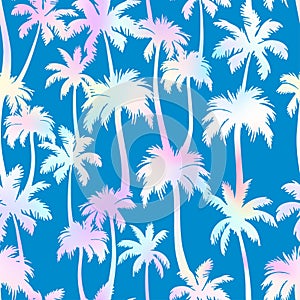 Palm trees seamless pattern. Vector holographic tropical jungle texture on blue background. Abstract gradient palm