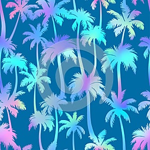 Palm trees seamless pattern. Vector neon tropical jungle texture on blue background. Abstract holographic gradient palm