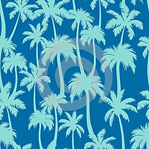 Palm trees seamless pattern. Vector tropical jungle texture on blue background. Abstract palm silhouettes summer print