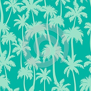 Palm trees seamless pattern. Vector turquoise tropical jungle texture on green background. Abstract palm silhouettes